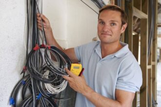 Électricien installant des câbles sur un chantier de construction