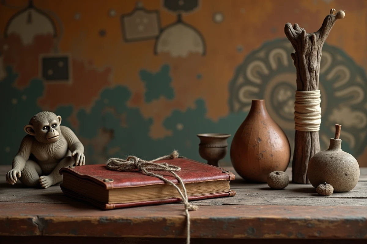 Accessoires mythologiques du roman Exorcism Records Journey to the West posés sur une table en bois ancienne avec manuscrit enluminé