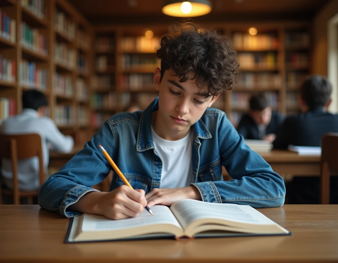 Adolescent écrivant dans un cahier dans une bibliothèque avec un livre de citations ouvert devant lui