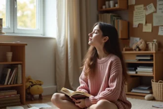 Adolescente assise par terre entourée de livres de citations, tenant un livre contre sa poitrine dans une chambre cosy
