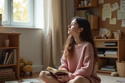 Adolescente assise par terre entourée de livres de citations, tenant un livre contre sa poitrine dans une chambre cosy