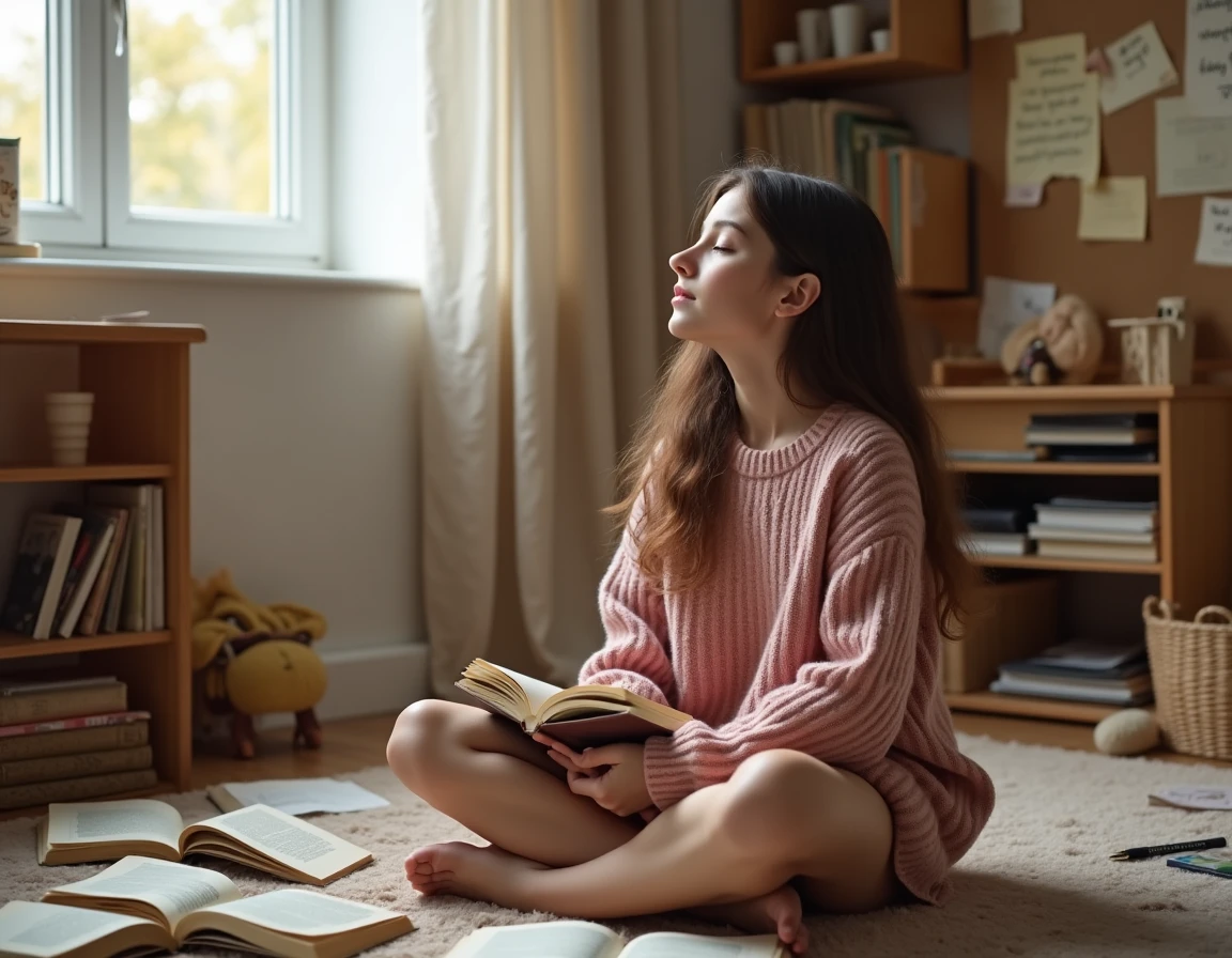 Adolescente assise par terre entourée de livres de citations, tenant un livre contre sa poitrine dans une chambre cosy