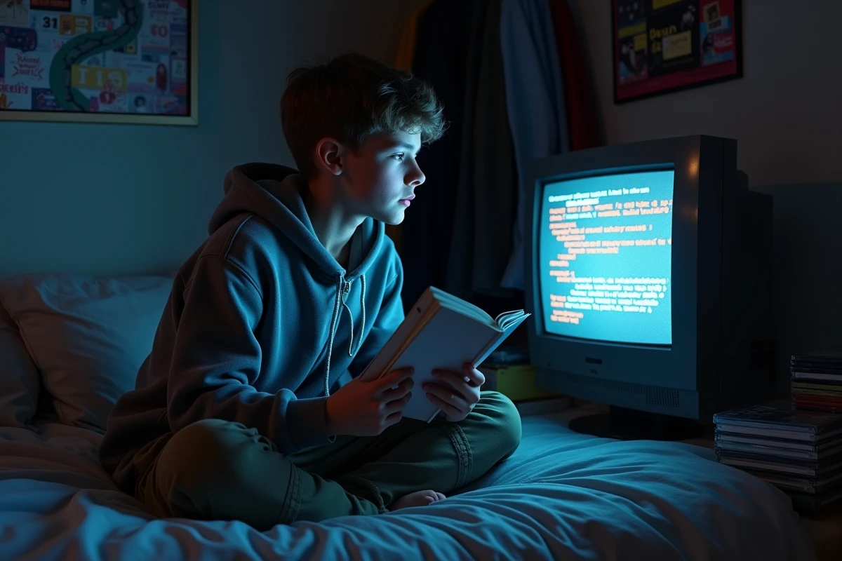 Adolescent introspectif assis sur son lit en train de prendre des notes devant son écran d'ordinateur affichant son Skyblog personnalisé