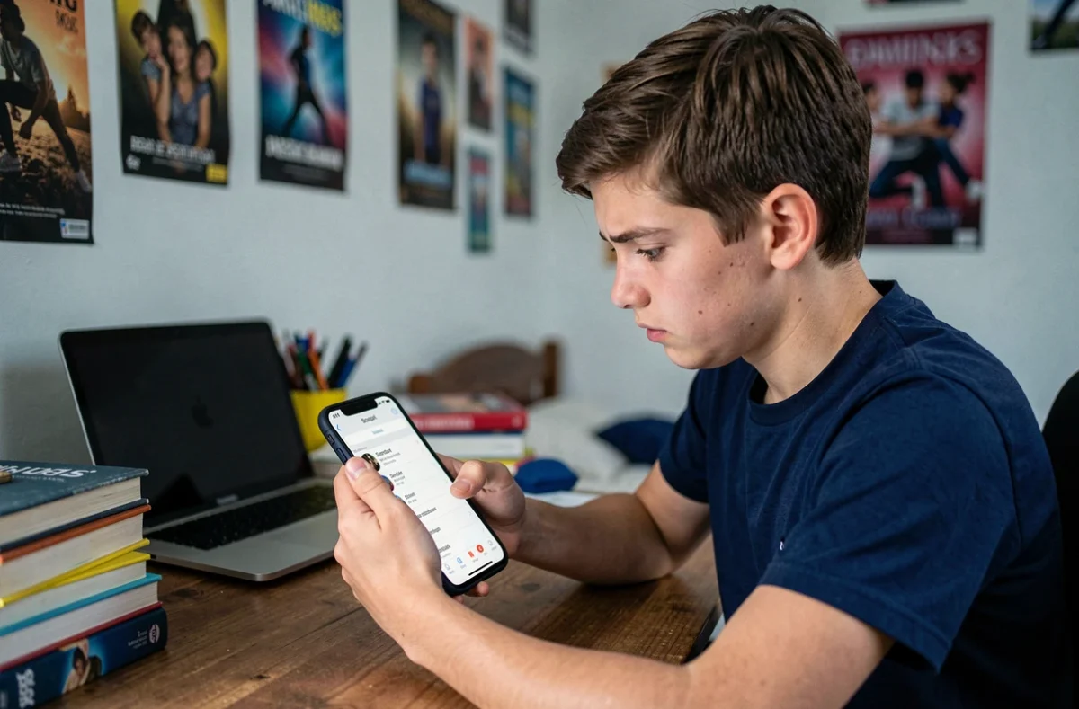 Adolescent assis à son bureau consultant les paramètres Snapchat pour désactiver le point vert