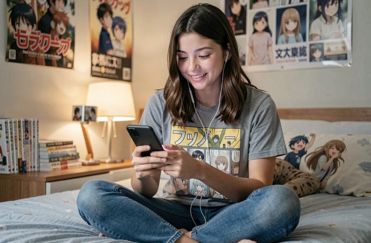 Adolescente parcourant un site de scans manga en français sur son smartphone dans sa chambre