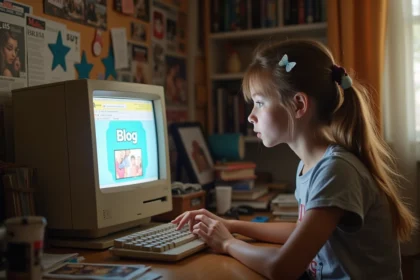Adolescente des années 2000 tapant sur son ordinateur pour écrire son Skyblog dans sa chambre décorée de posters et de photos