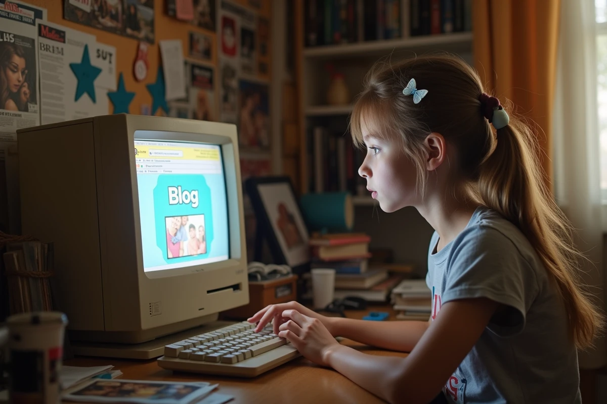 Adolescente des années 2000 tapant sur son ordinateur pour écrire son Skyblog dans sa chambre décorée de posters et de photos