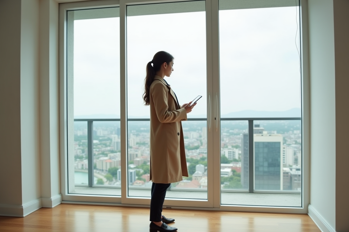 Jeune agente immobiliere regarde par la fenetre d un appartement vide