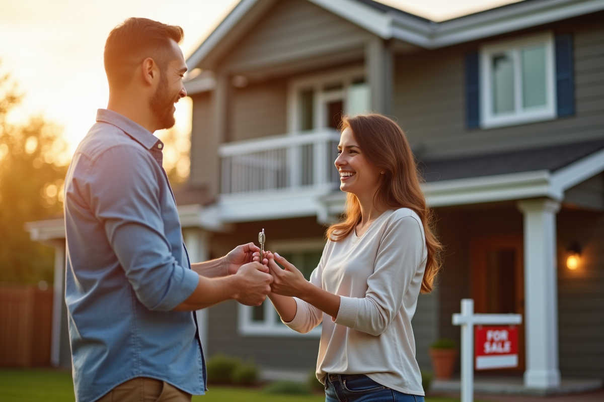 Agent immobilier souriant remettant les clés à un couple heureux devant une maison moderne