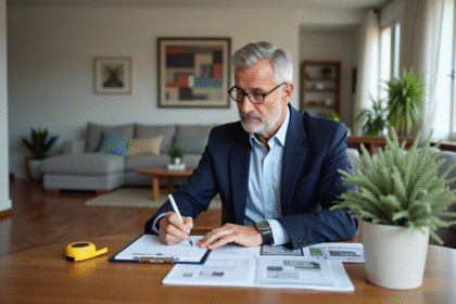 Agent immobilier homme en blazer bleu examine documents dans salon lumineux