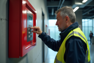 Inspecteur sécurité vérifiant un panneau incendie dans un bureau