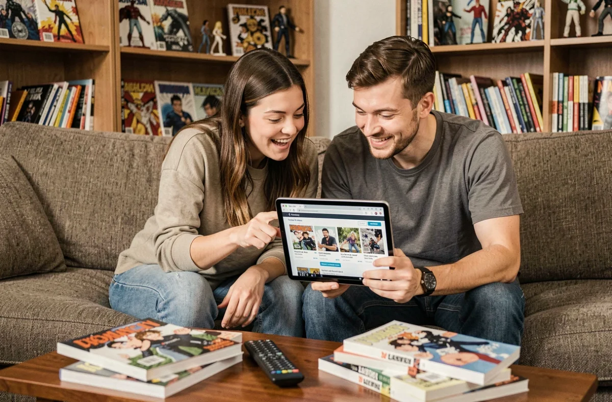 Deux amis parcourant ensemble un site de suivi de séries manga sur une tablette dans un salon décoré de volumes manga et figurines