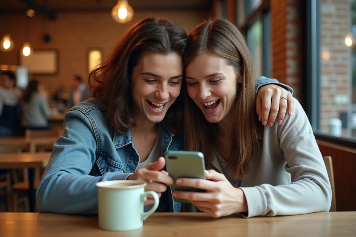 Deux amis découvrant ensemble comment obtenir des Monopoly gratuits sur Monopoly Go dans un café urbain