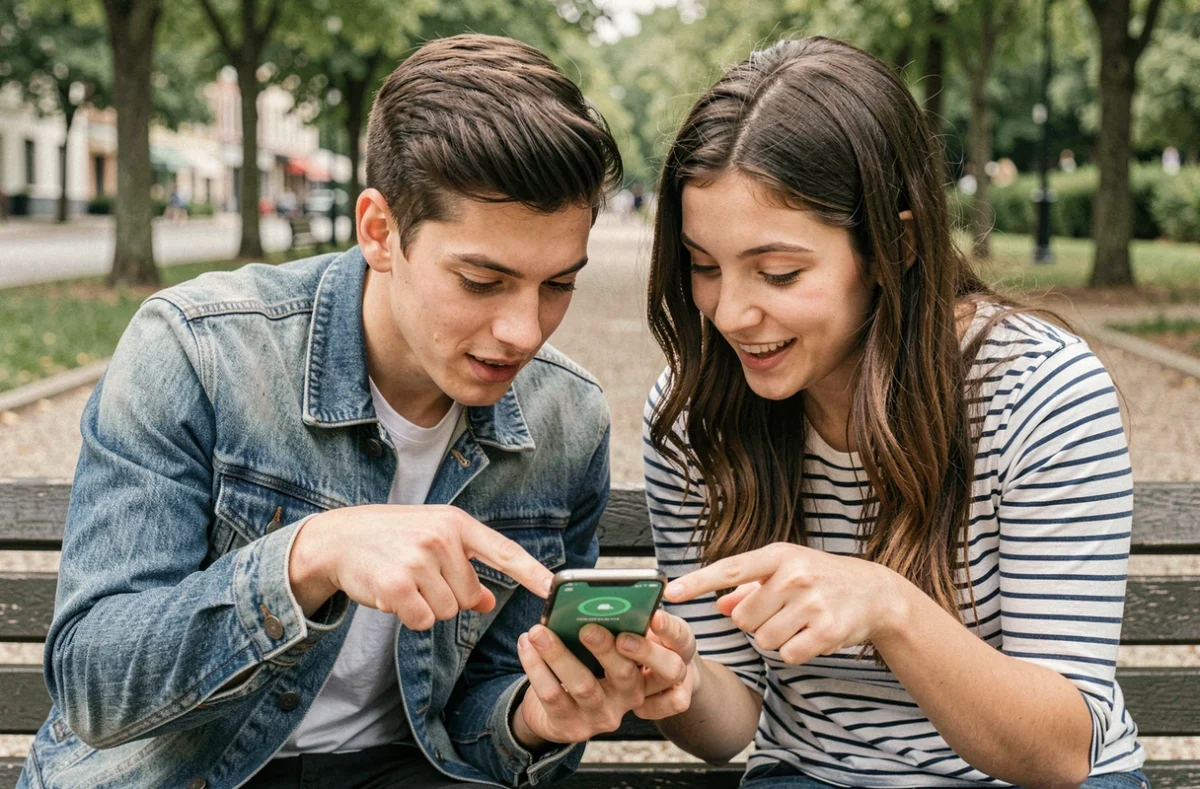 Deux amis sur un banc de parc regardant ensemble le point vert de statut sur l'application Snapchat