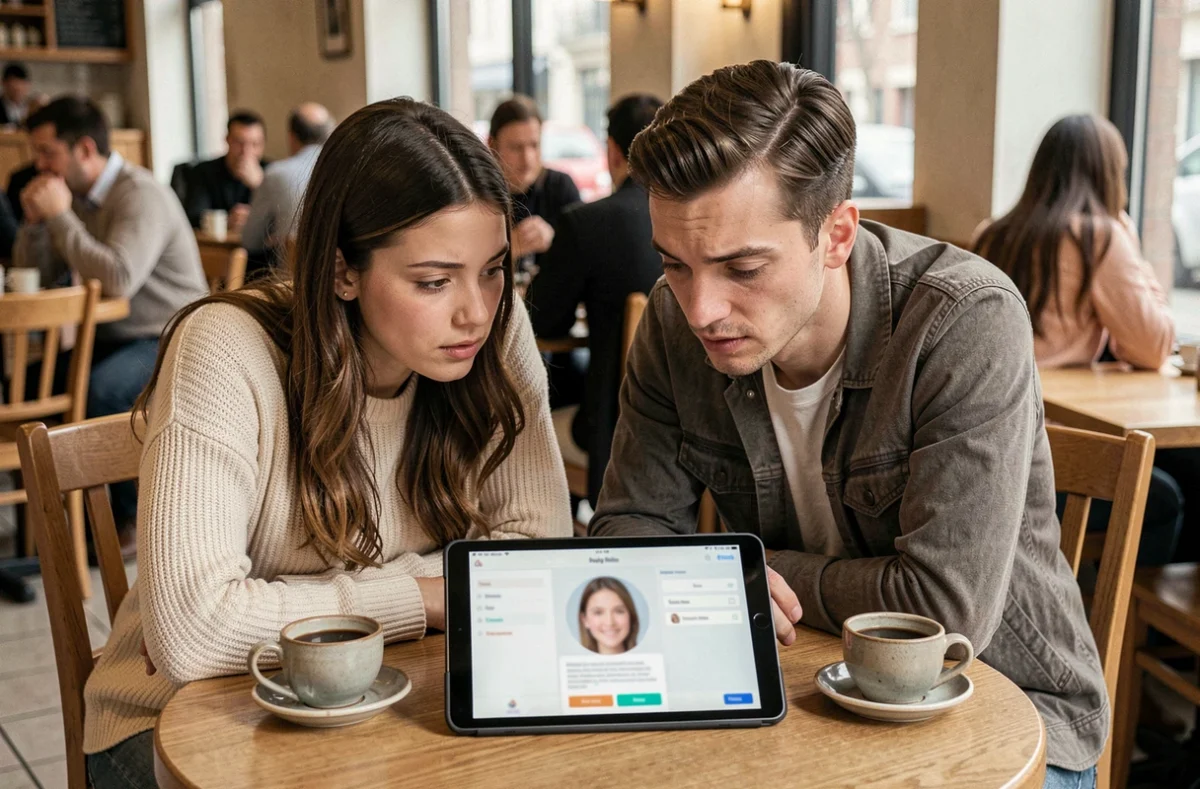 Deux amis consultant une application de recherche par photo sur une tablette dans un café