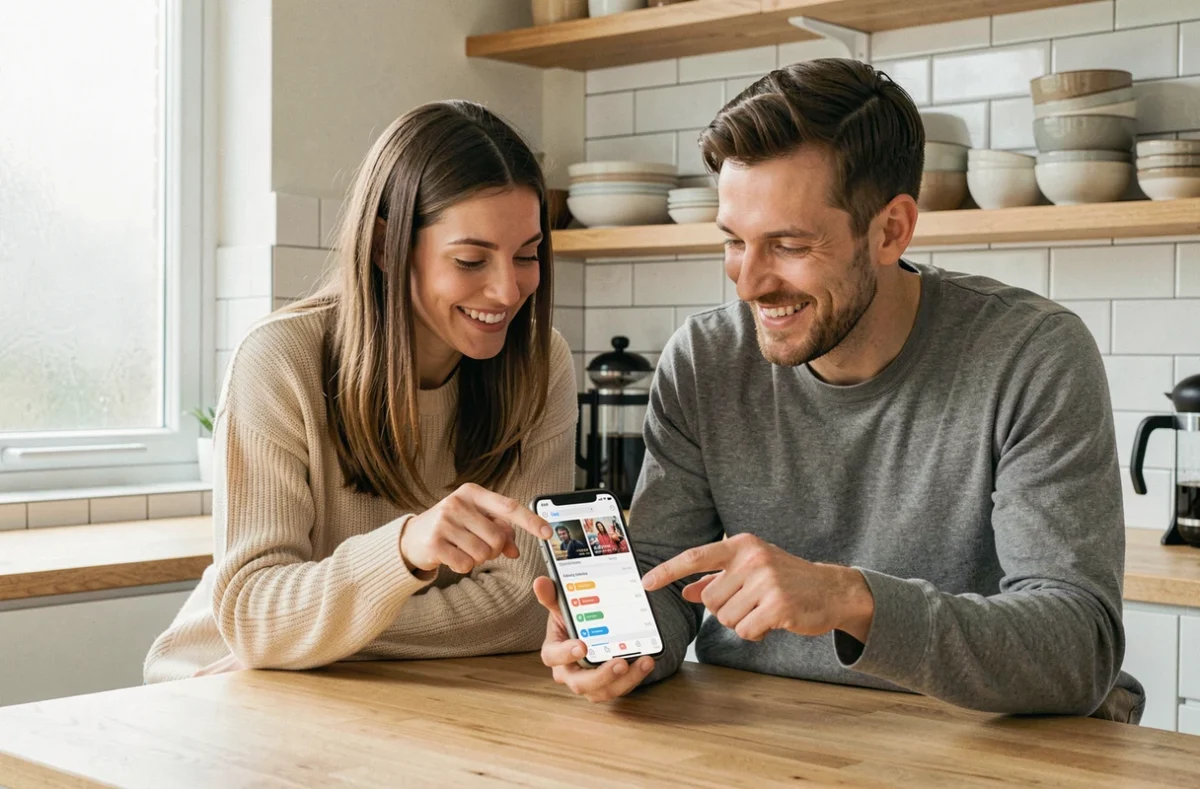 Deux amis consultant ensemble une application de suivi de séries sur smartphone dans une cuisine moderne