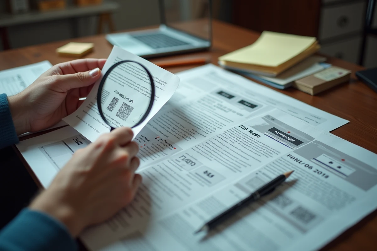 Gros plan sur des captures d'écran imprimées d'un site web archivé disposées chronologiquement sur un bureau de recherche
