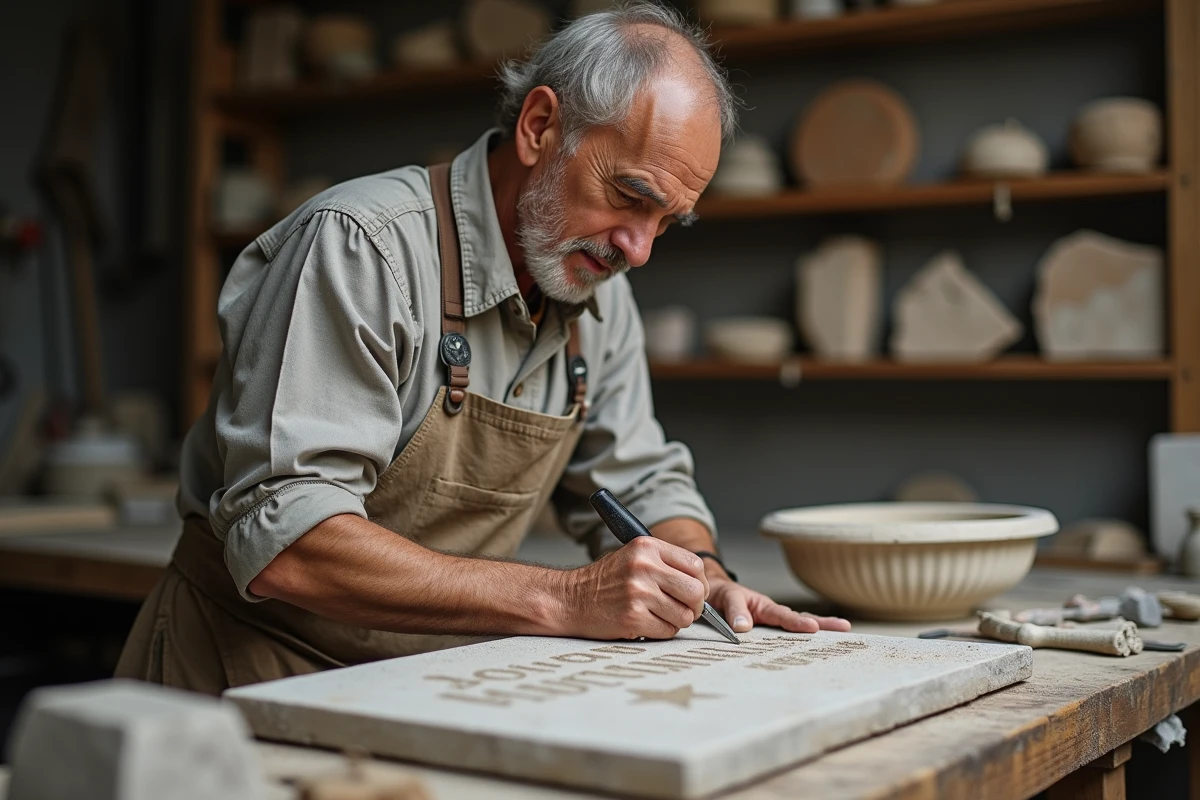 Artisan graveur sculptant une plaque funéraire en granit pour enfant avec un motif étoile dans un atelier de taille de pierre