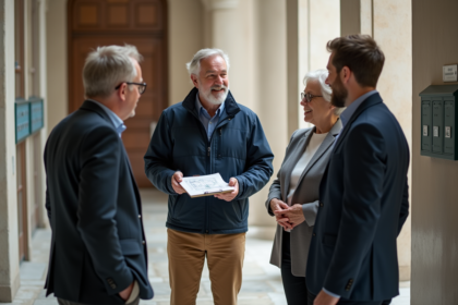 Auditeur energie discutant avec co-proprietaires dans l'entrée