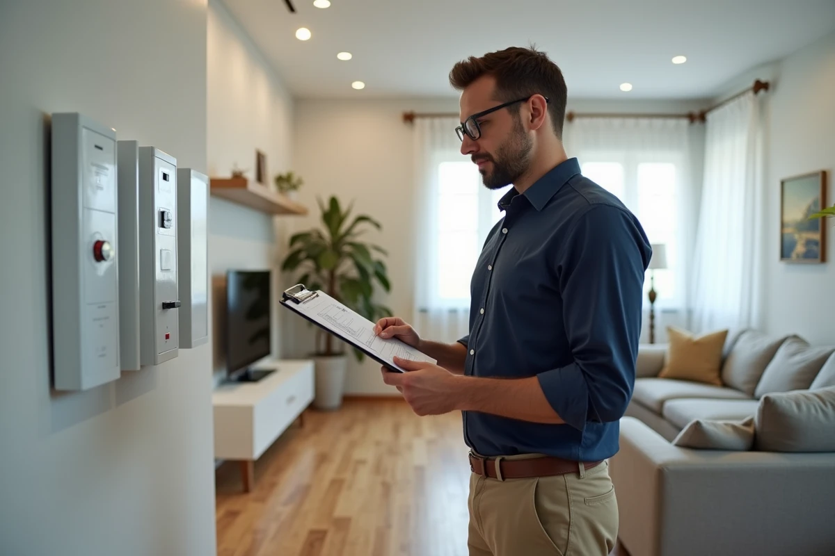 Auditeur energie professionnel examine panneau électrique intérieur