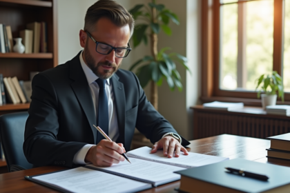 Avocat en costume analysant des documents juridiques dans un bureau lumineux
