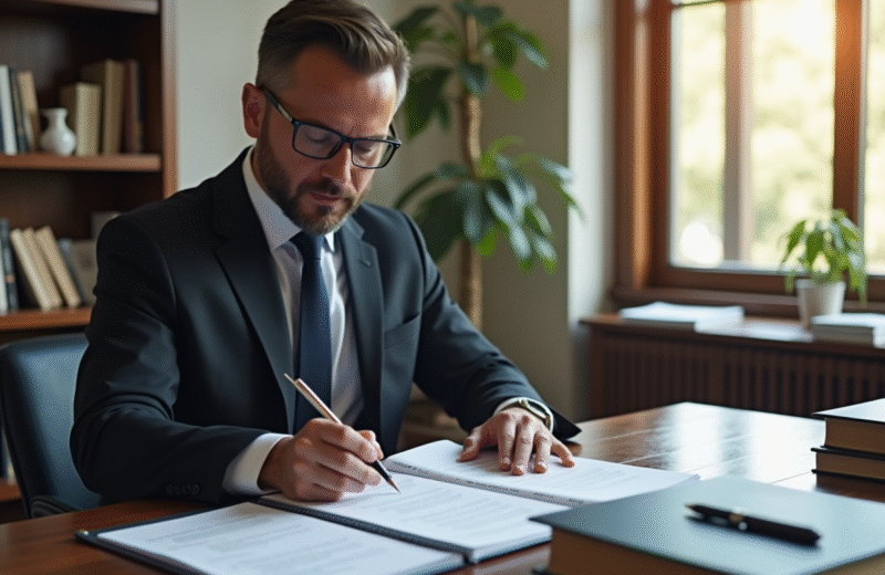 Avocat en costume analysant des documents juridiques dans un bureau lumineux