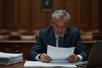 Avocat de la défense consultant des dossiers juridiques dans une salle d'audience française, illustrant les procédures judiciaires pour vol en récidive