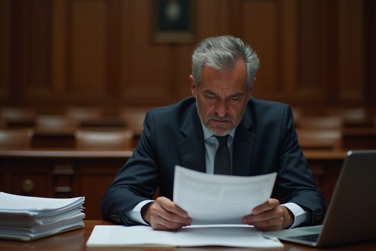 Avocat de la défense consultant des dossiers juridiques dans une salle d'audience française, illustrant les procédures judiciaires pour vol en récidive