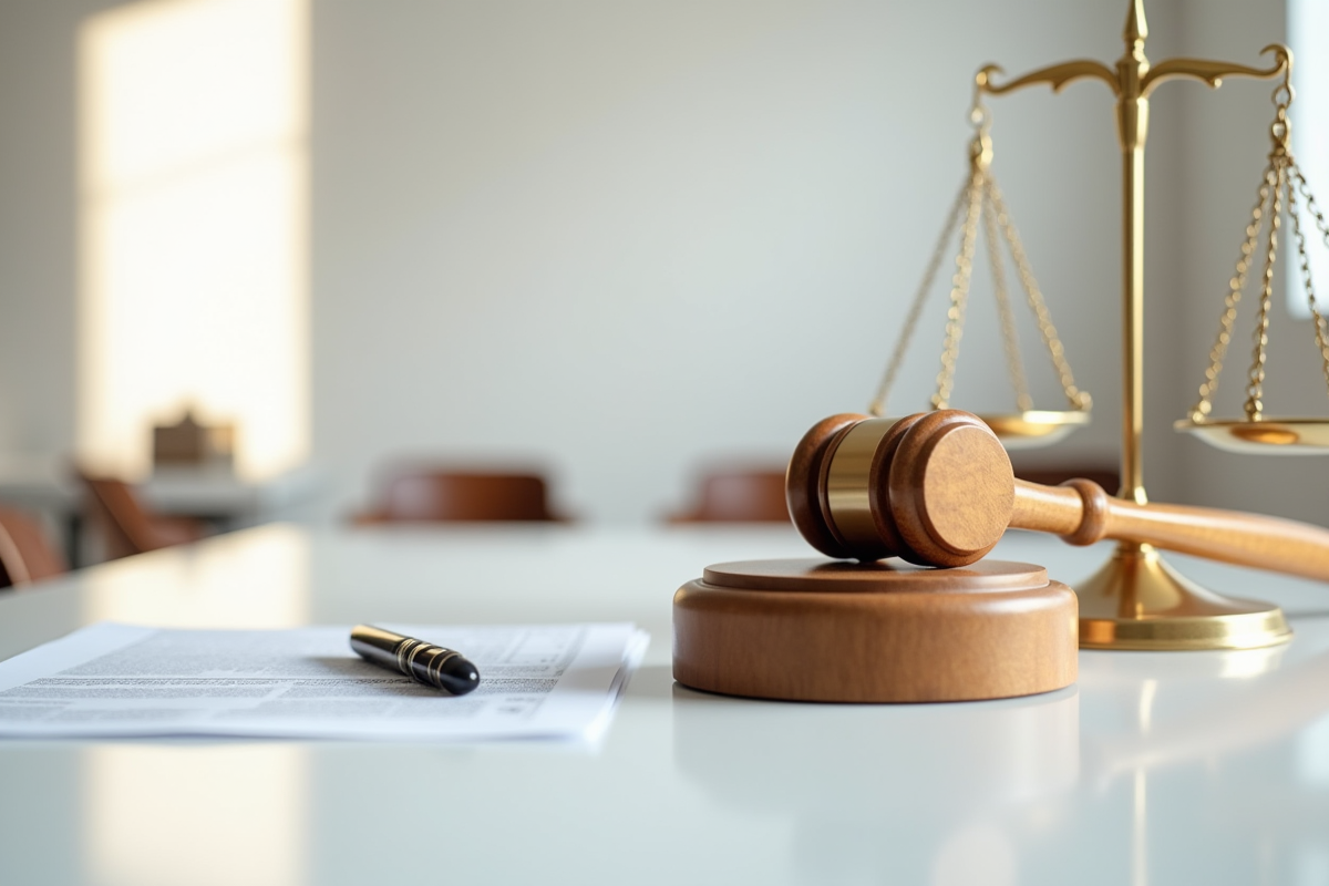 Gros plan sur un maillet de juge et une balance de justice sur une table blanche