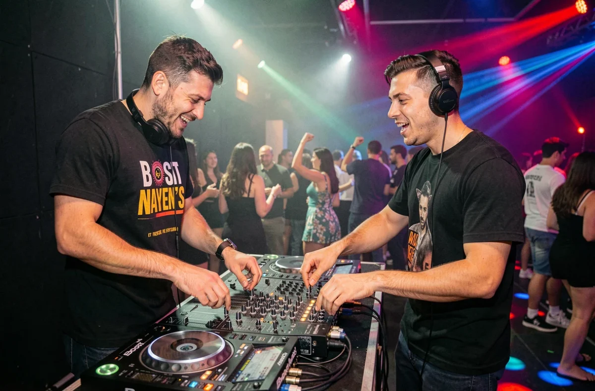 Duo Boost et Nayen'S derrière leur table de mixage dans un club animé avec faisceaux de lumière colorés