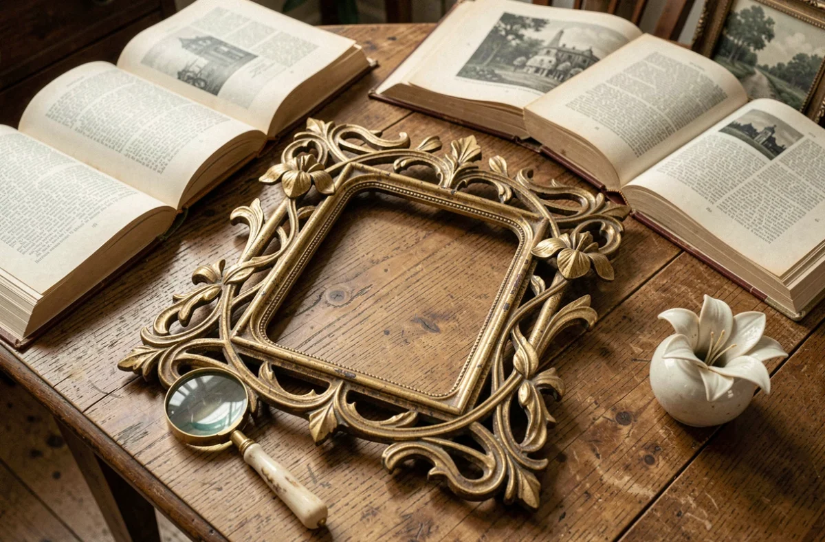 Cadre Art Nouveau doré avec motifs d'iris sur une table en chêne dans une boutique d'antiquités parisienne, entouré de livres de référence
