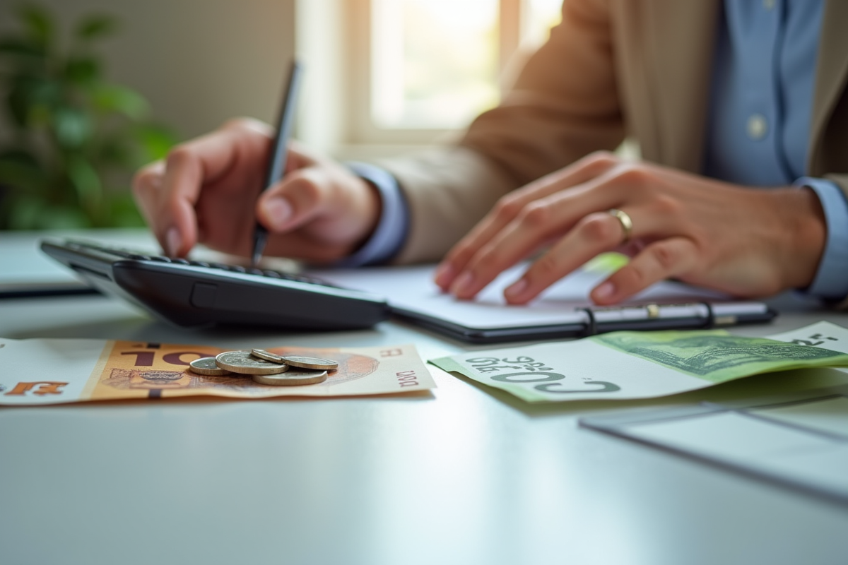 Mains utilisant une calculatrice avec des billets et pièces d