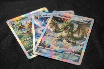 Cartes Pokémon Dracaufeu Ex holographiques en édition rare posées sur tissu noir, gros plan macro mettant en valeur les reflets irisés