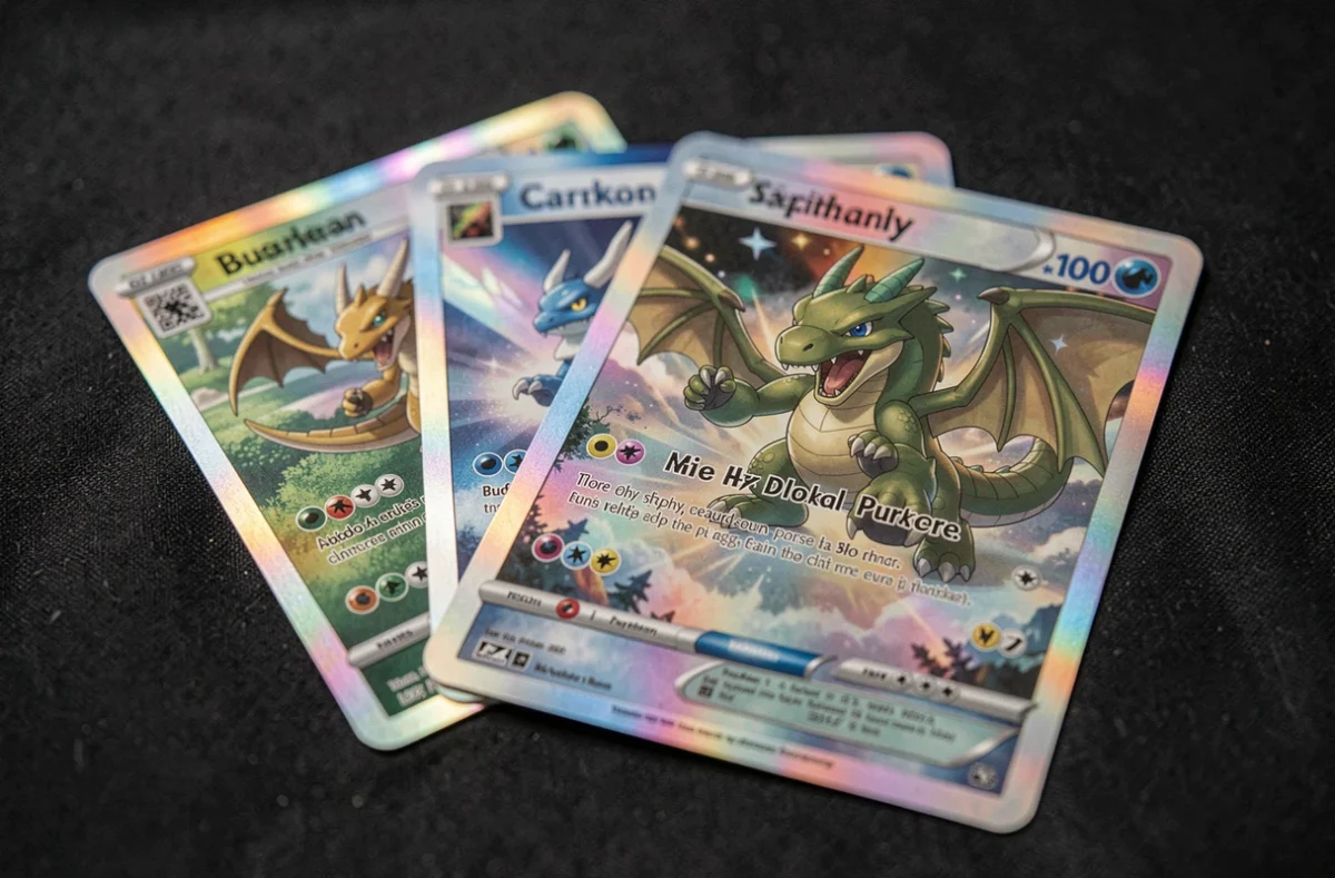 Cartes Pokémon Dracaufeu Ex holographiques en édition rare posées sur tissu noir, gros plan macro mettant en valeur les reflets irisés