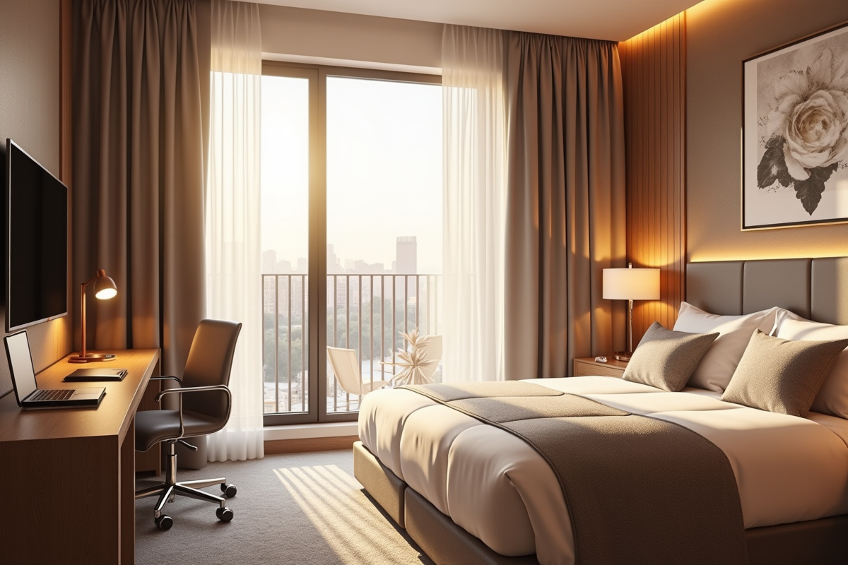 Chambre d'hôtel moderne et confortable avec grande fenêtre