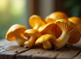 Gros plan sur des champignons chanterelles jaunes frais sur une table en bois