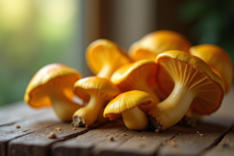 Gros plan sur des champignons chanterelles jaunes frais sur une table en bois