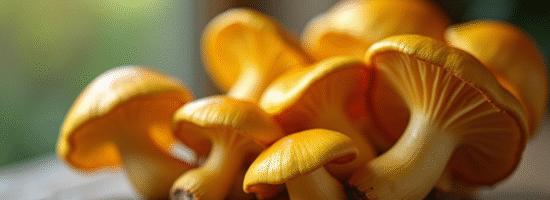 Gros plan sur des champignons chanterelles jaunes frais sur une table en bois