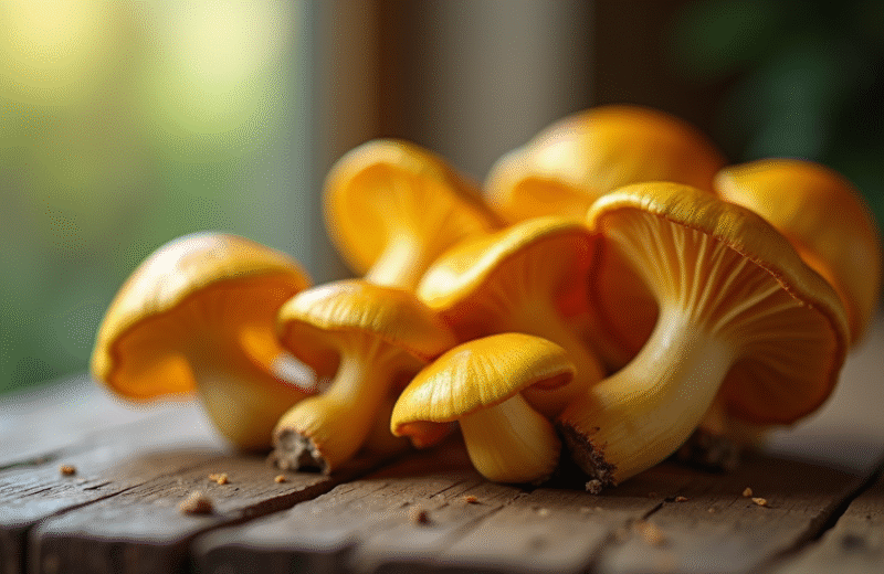 Gros plan sur des champignons chanterelles jaunes frais sur une table en bois