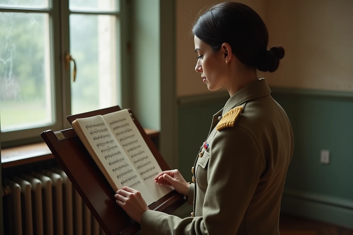 Femme militaire étudiant les paroles de La Strasbourgeoise sur une partition manuscrite lors d'une répétition individuelle