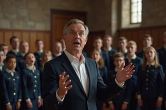 Chef de chœur dirigeant un ensemble de chanteurs militaires lors d'une répétition de La Strasbourgeoise dans une salle historique en pierre