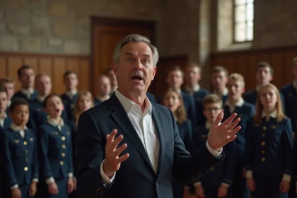 Chef de chœur dirigeant un ensemble de chanteurs militaires lors d'une répétition de La Strasbourgeoise dans une salle historique en pierre
