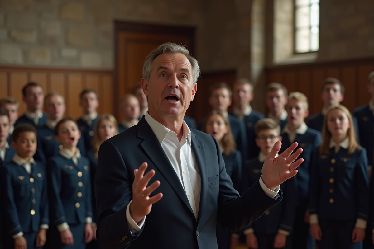 Chef de chœur dirigeant un ensemble de chanteurs militaires lors d'une répétition de La Strasbourgeoise dans une salle historique en pierre