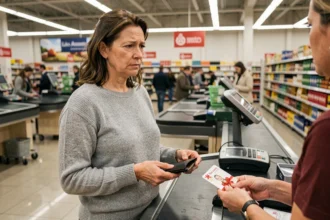 Femme utilisant un chèque cadeau Infini à la caisse d'une grande surface, hésitante face au terminal de paiement