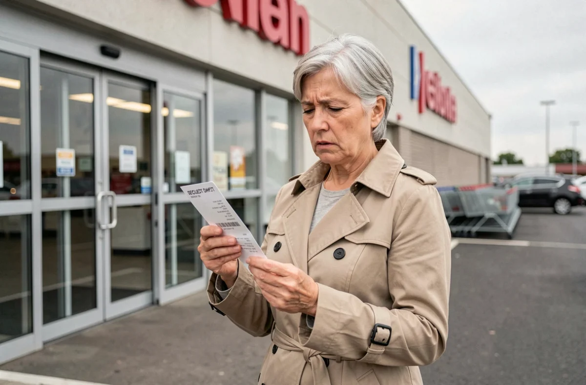 Femme devant l'entrée d'une grande surface tenant un chèque cadeau Infini refusé et un reçu de caisse, air perplexe