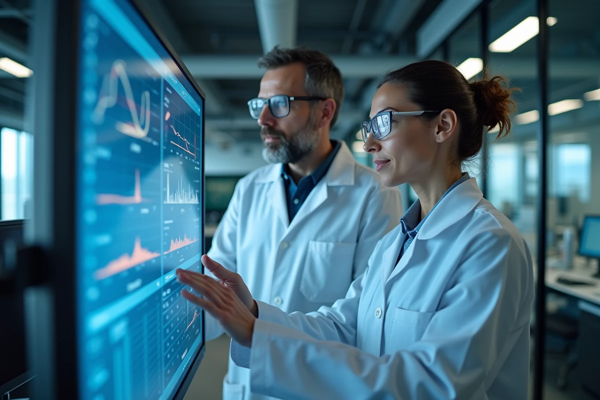 Deux chercheurs analysant des résultats d'analyse catalytique sur écran avec les systèmes BELMASS et BELCAT II