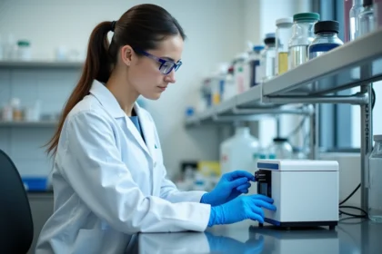 Chercheuse en blouse blanche utilisant un analyseur catalytique avancé en laboratoire pour des analyses BELMASS et BELCAT II
