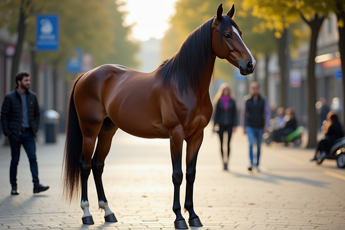 Cheval élégant en ville observé par des passants curieux