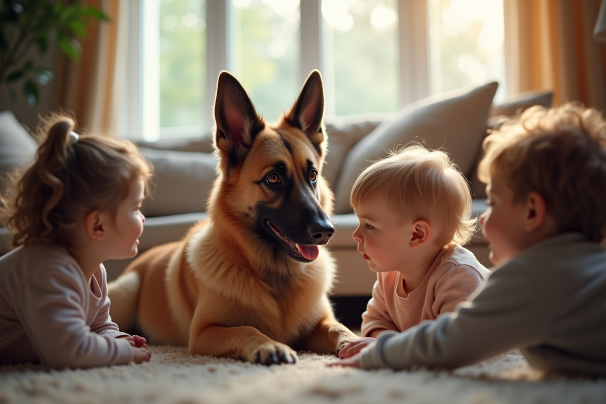 Chien Laekenois adulte avec des enfants dans un salon lumineux