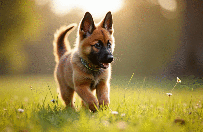 Chiot Laekenois rencontrant des gens dans un parc ensoleille
